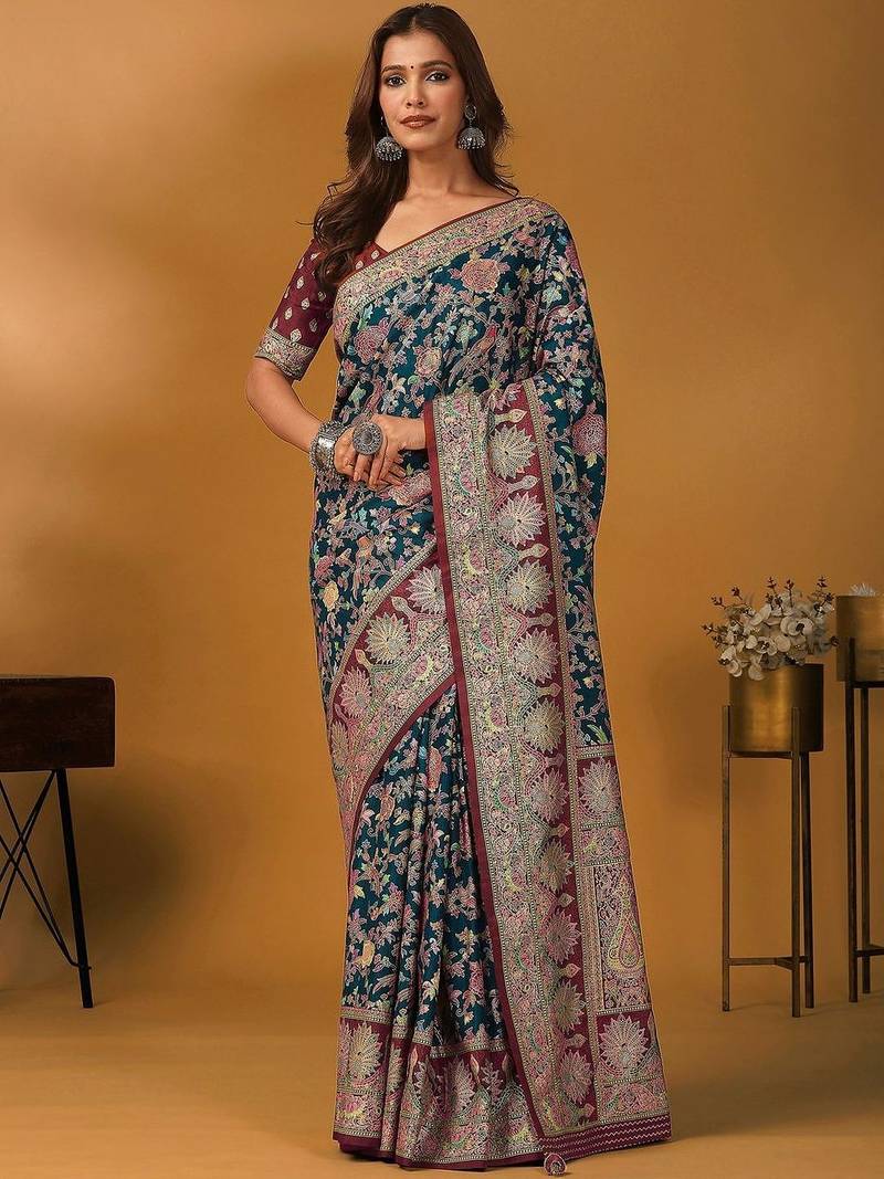 Teal floral printed banarasi saree with unstitched blouse piece
