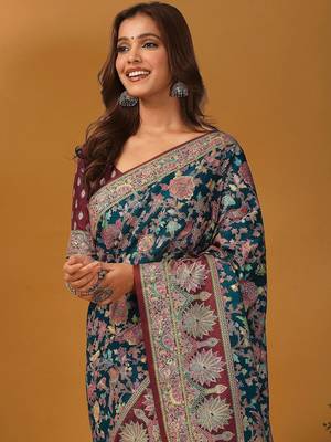 Teal floral printed banarasi saree with unstitched blouse piece 2