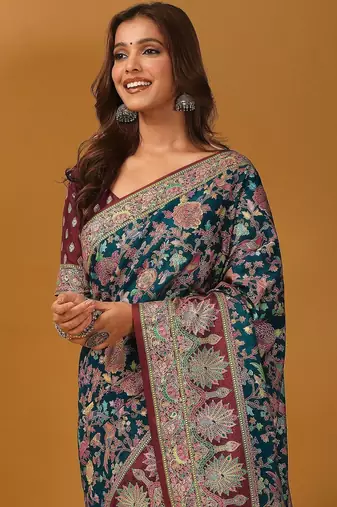Teal floral printed banarasi saree with unstitched blouse piece