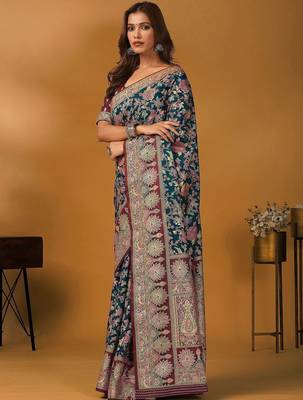 Teal floral printed banarasi saree with unstitched blouse piece 3