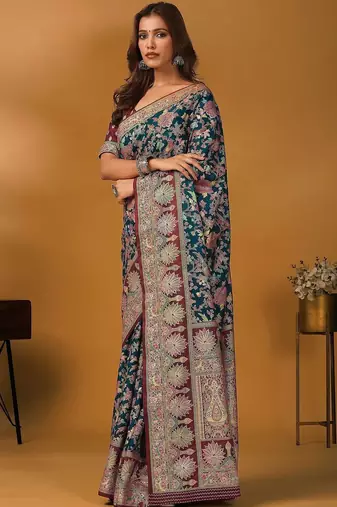 Teal floral printed banarasi saree with unstitched blouse piece