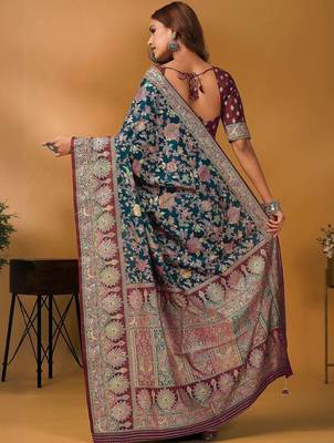Teal floral printed banarasi saree with unstitched blouse piece 4
