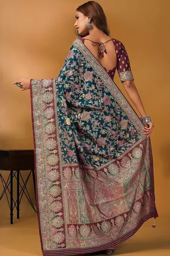 Teal floral printed banarasi saree with unstitched blouse piece
