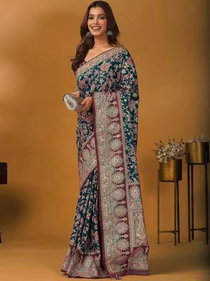 Teal floral printed banarasi saree with unstitched blouse piece 5