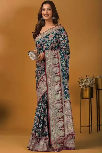 Teal floral printed banarasi saree with unstitched blouse piece