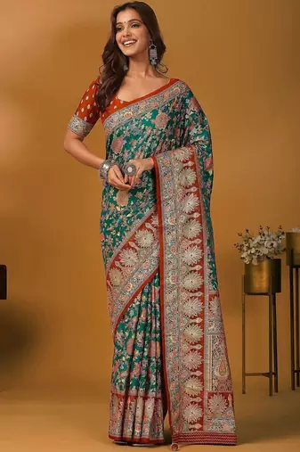 Green floral silk blend designer banarasi saree