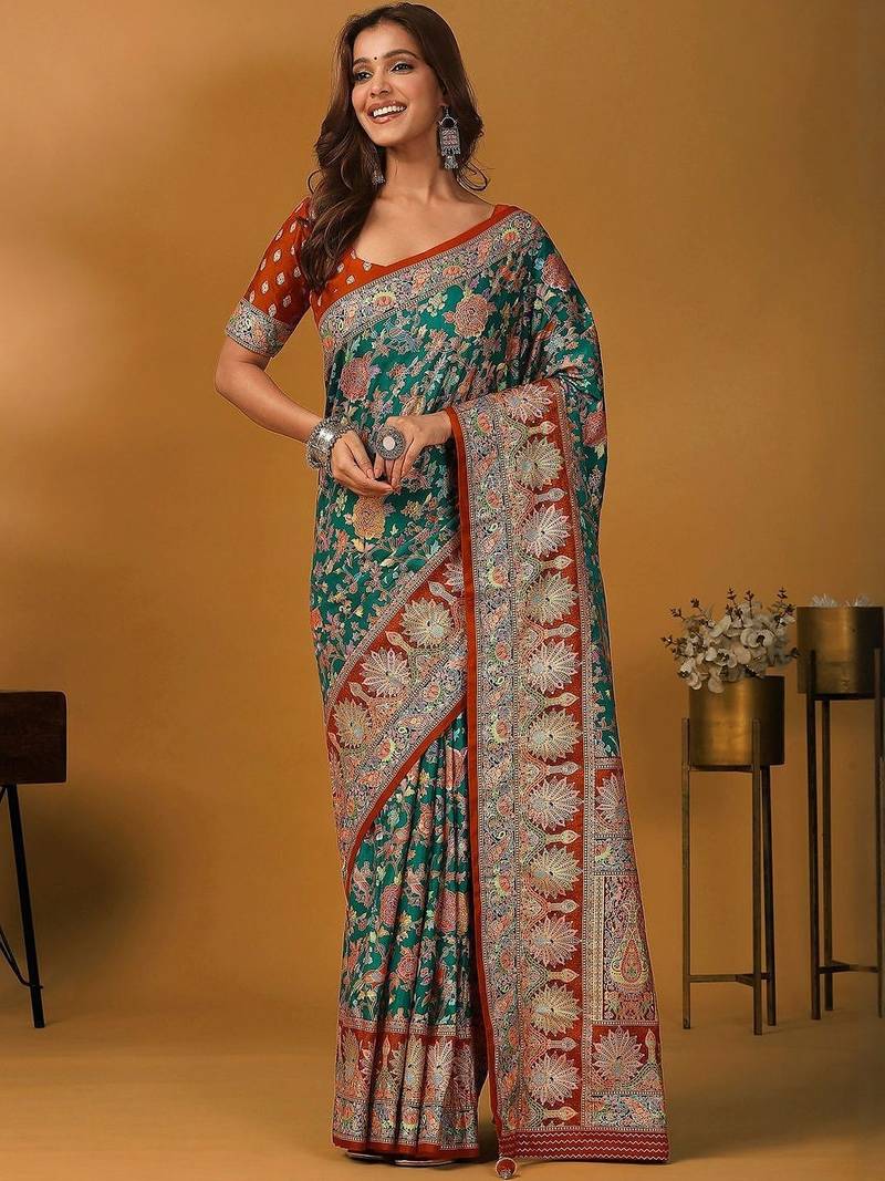 Green floral silk blend designer banarasi saree