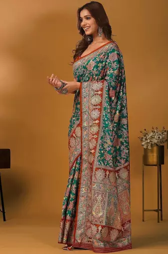 Green floral silk blend designer banarasi saree