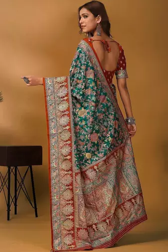 Green floral silk blend designer banarasi saree