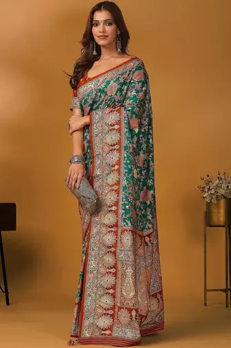 Green floral silk blend designer banarasi saree