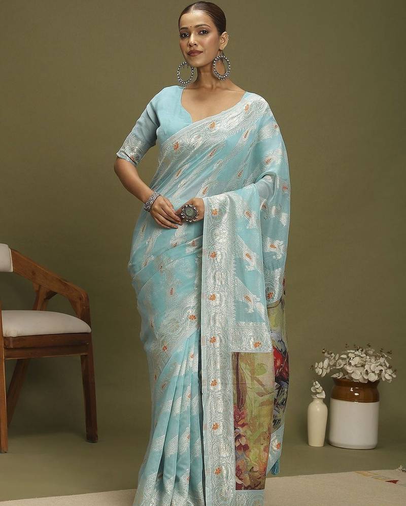 Blue ethnic motifs banarasi fastive saree