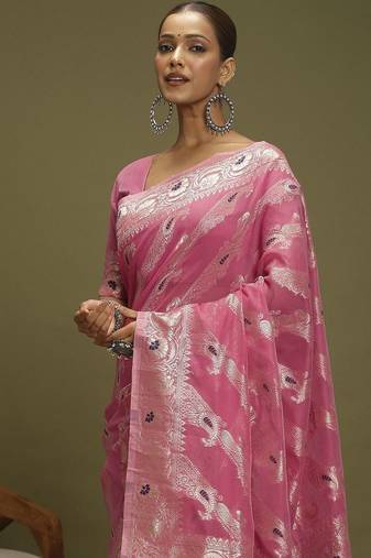 Pink ethnic motifs banarasi fastive saree