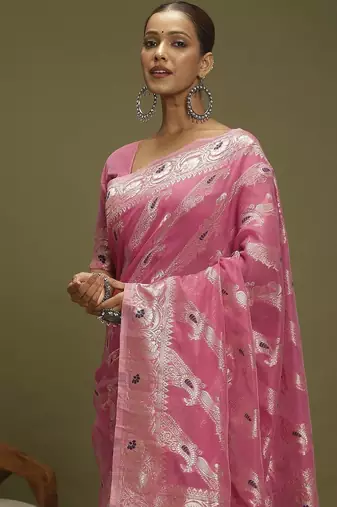 Pink ethnic motifs banarasi fastive saree