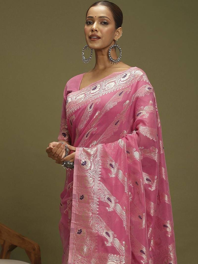 Pink ethnic motifs banarasi fastive saree