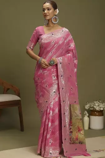 Pink ethnic motifs banarasi fastive saree