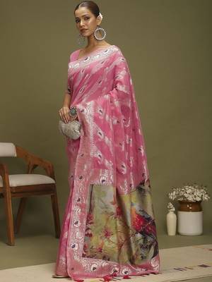 Pink ethnic motifs banarasi fastive saree 4