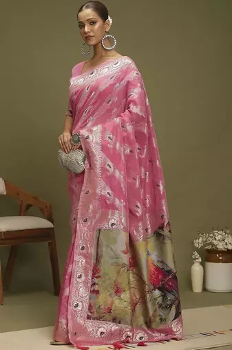 Pink ethnic motifs banarasi fastive saree