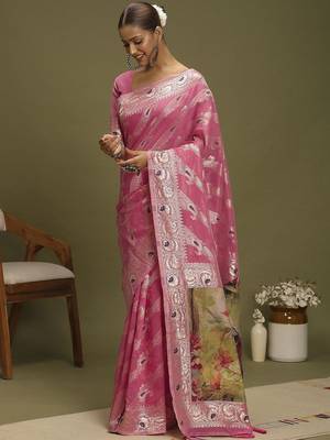 Pink ethnic motifs banarasi fastive saree 5