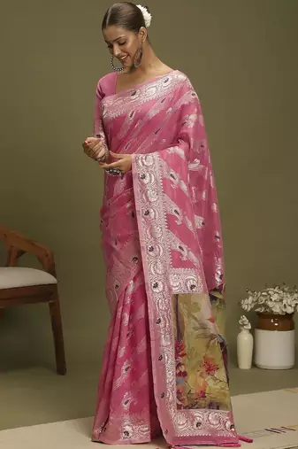 Pink ethnic motifs banarasi fastive saree