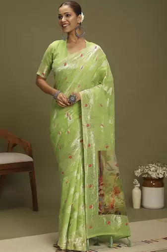 Green ethnic motifs banarasi fastive saree