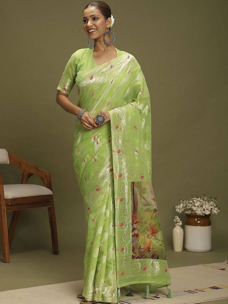 Green ethnic motifs banarasi fastive saree