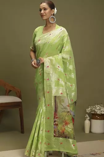 Green ethnic motifs banarasi fastive saree