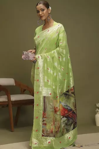 Green ethnic motifs banarasi fastive saree