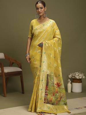 Yellow ethnic motifs banarasi fastive saree 1