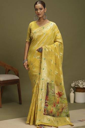 Yellow ethnic motifs banarasi fastive saree