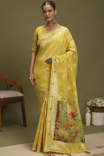 Yellow ethnic motifs banarasi fastive saree