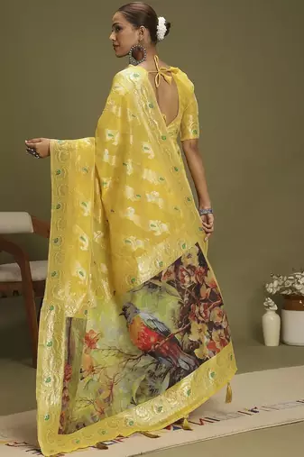 Yellow ethnic motifs banarasi fastive saree
