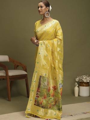 Yellow ethnic motifs banarasi fastive saree 3