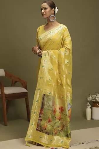 Yellow ethnic motifs banarasi fastive saree