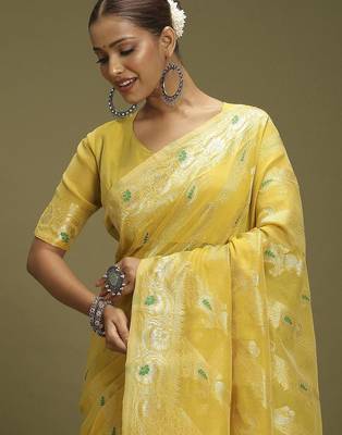 Yellow ethnic motifs banarasi fastive saree 4