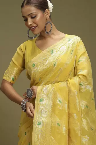 Yellow ethnic motifs banarasi fastive saree