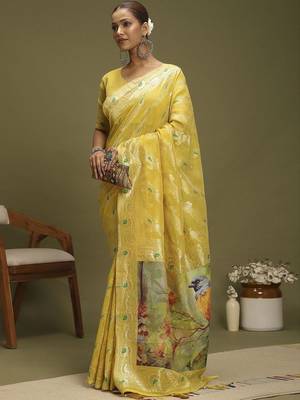 Yellow ethnic motifs banarasi fastive saree 5