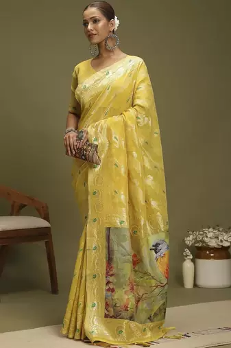 Yellow ethnic motifs banarasi fastive saree