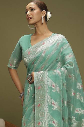 Turquoise ethnic motifs banarasi fastive saree