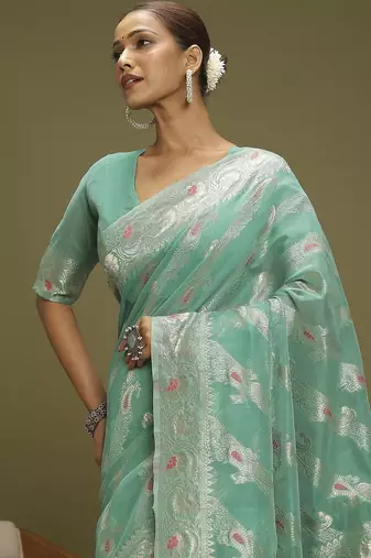 Turquoise ethnic motifs banarasi fastive saree
