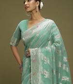 Turquoise ethnic motifs banarasi fastive saree