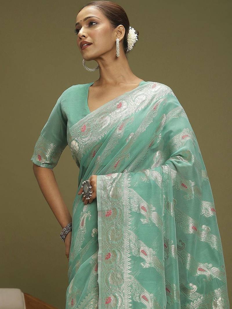Turquoise ethnic motifs banarasi fastive saree