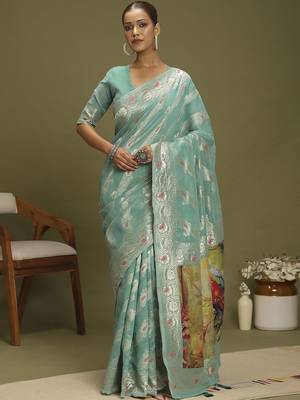 Turquoise ethnic motifs banarasi fastive saree 2