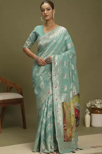 Turquoise ethnic motifs banarasi fastive saree