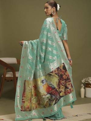 Turquoise ethnic motifs banarasi fastive saree 3
