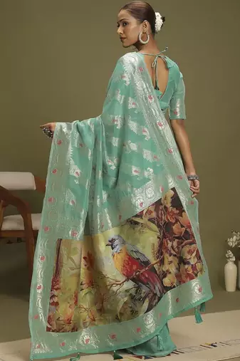 Turquoise ethnic motifs banarasi fastive saree