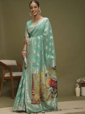Turquoise ethnic motifs banarasi fastive saree 4