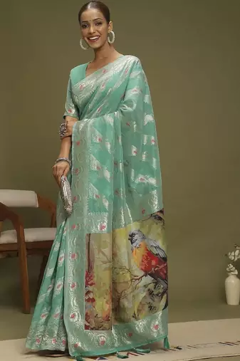 Turquoise ethnic motifs banarasi fastive saree