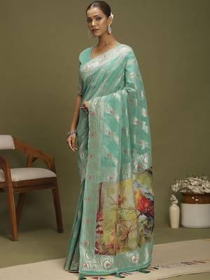 Turquoise ethnic motifs banarasi fastive saree 5