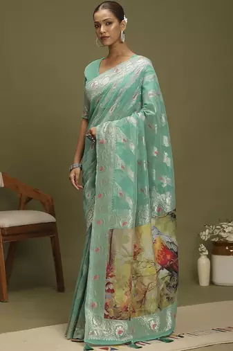 Turquoise ethnic motifs banarasi fastive saree