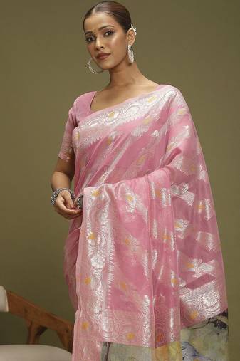 Pink ethnic motifs banarasi fastive saree